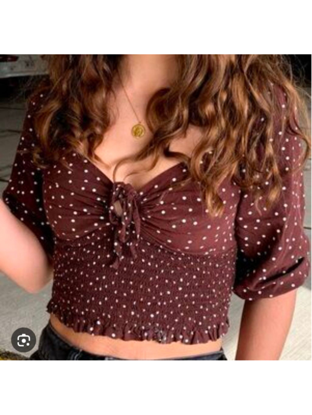 Garage Brown White Polka Dot Smocked Crop Top L Dainty Puff Sleeves Coquette